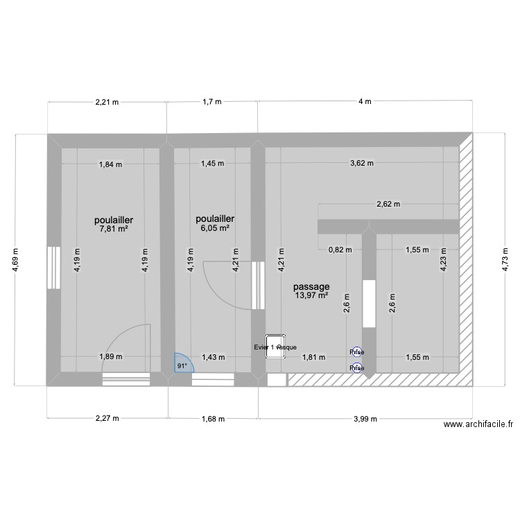 poulailler. Plan de 3 pièces et 28 m2