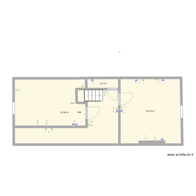 Salle de bain + chambre. Plan de 3 pièces et 55 m2