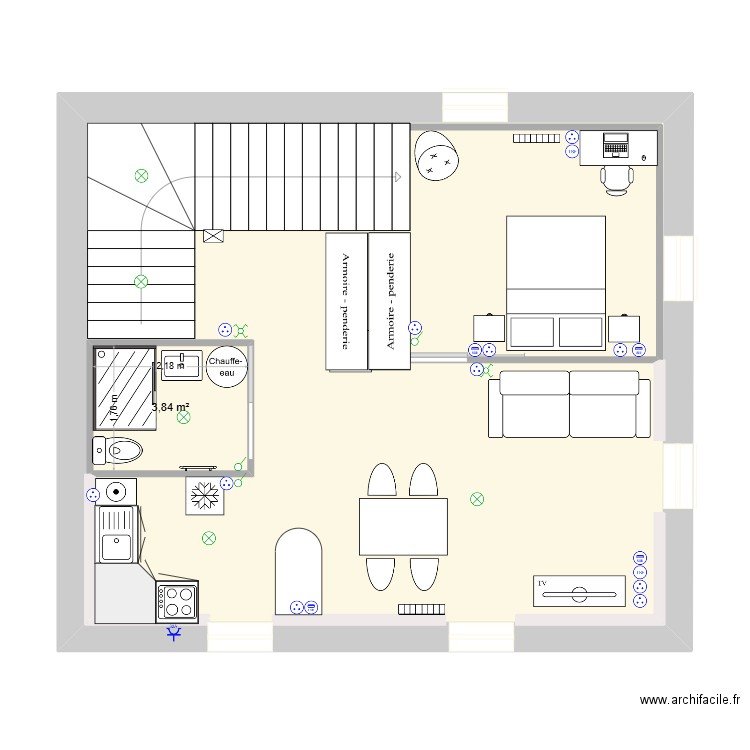 pharmacie. Plan de 2 pièces et 60 m2