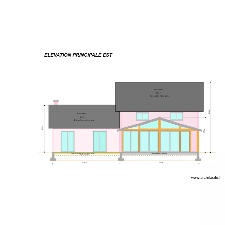Elevation principale Est. Plan de 