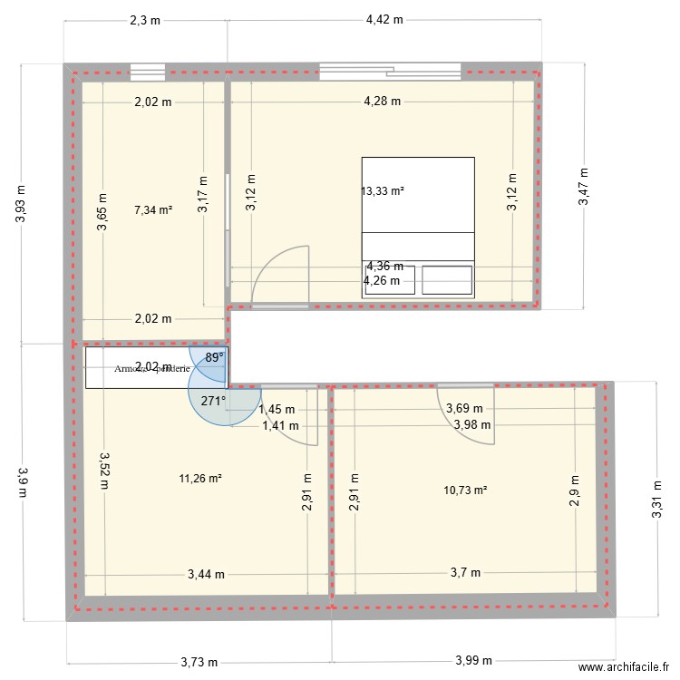 RDC partie nuit 3bis. Plan de 4 pièces et 43 m2