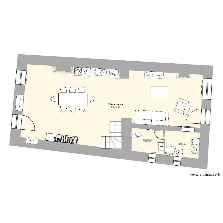 Maison R D C (P A C) . Plan de 3 pièces et 61 m2