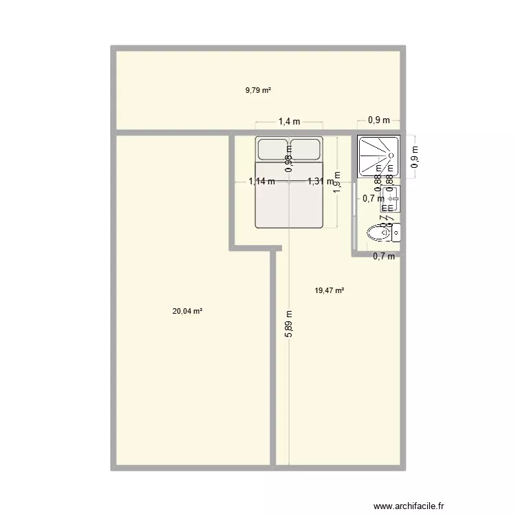 Studio 2. Plan de 3  et 49 m²