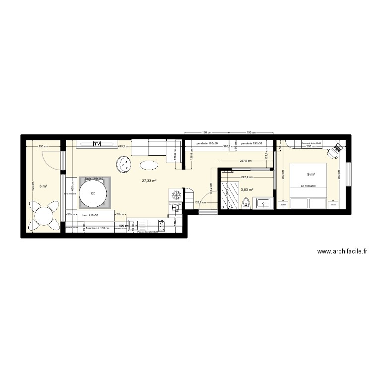appartement parisien modifié. Plan de 4 pièces et 46 m2