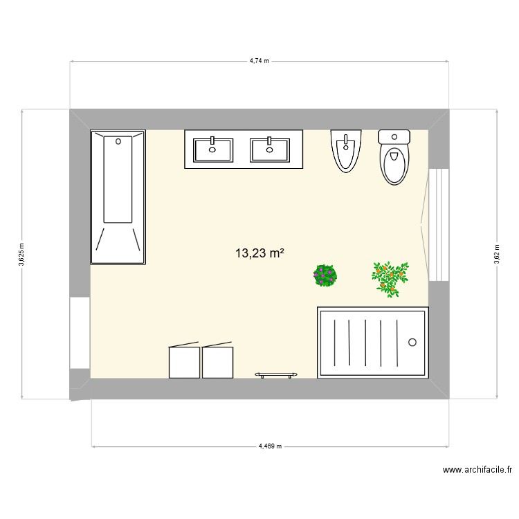 SDB. Plan de 1 pièce et 13 m2