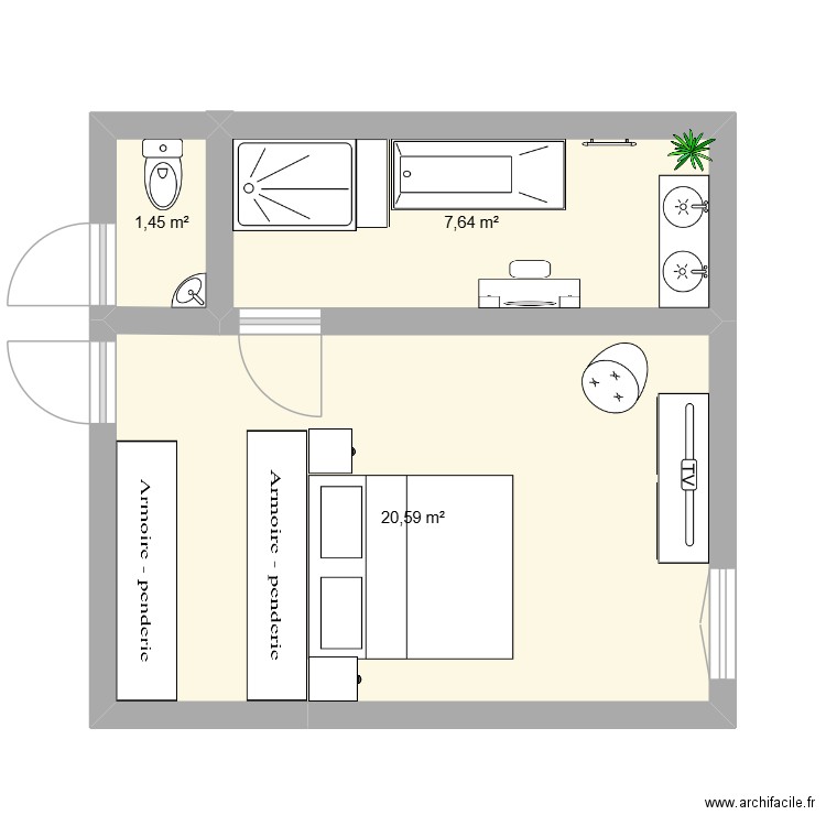 v1 salle de bain master bed. Plan de 3 pièces et 30 m2