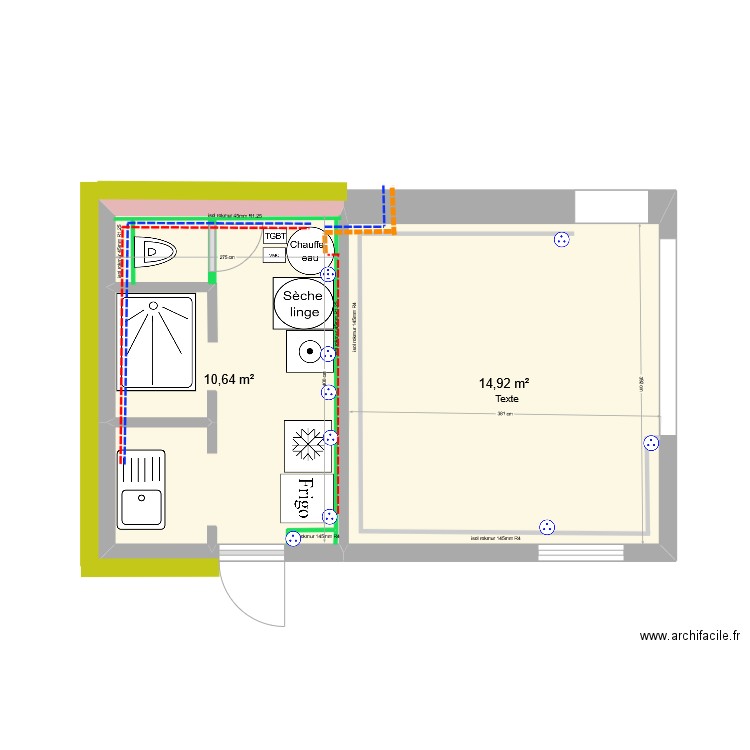 Buanderie Aménagements. Plan de 2 pièces et 26 m2