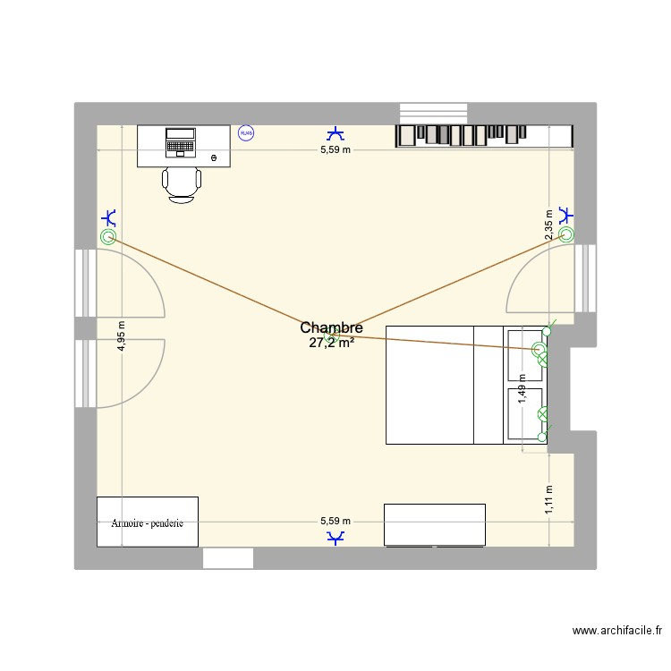Chambre sunset. Plan de 1 pièce et 27 m2