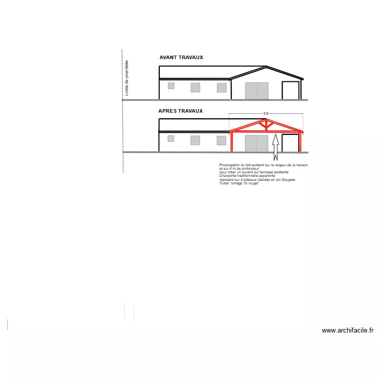 Fa&ccedil;ade Sud apr&eacute;s travaux. Plan de 6 Pièces et 45 m²