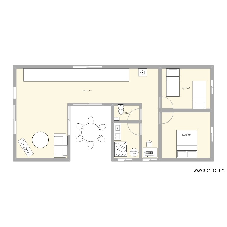 maison en U patio central jan 2026. Plan de 4 pièces et 66 m2