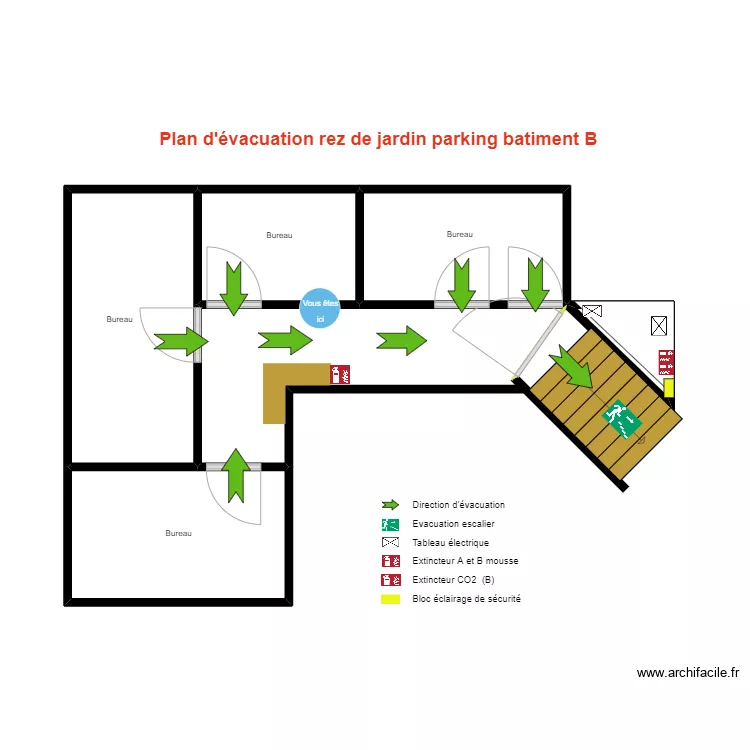 Plan d'&eacute;vacuation rez de jardin parking. Plan de 