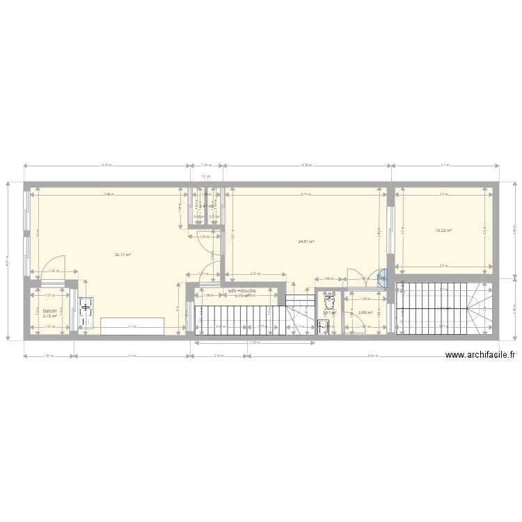 R+1. Plan de 9 pièces et 91 m2