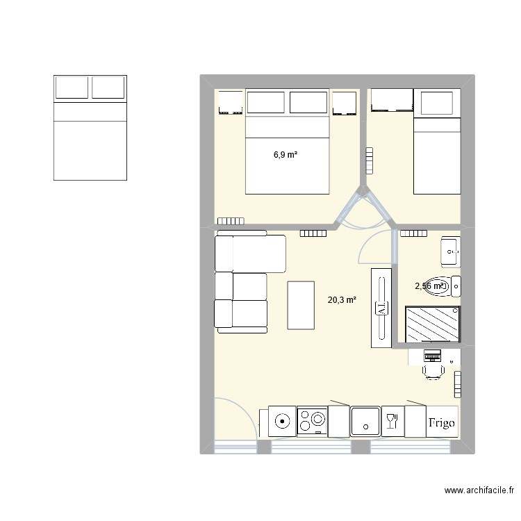T2 depenadance. Plan de 3 pièces et 30 m2