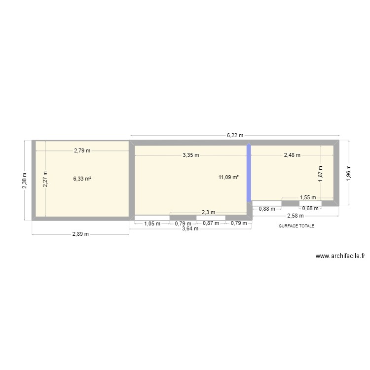 Abri de jardin agrandissement 01. Plan de 2 pièces et 17 m2
