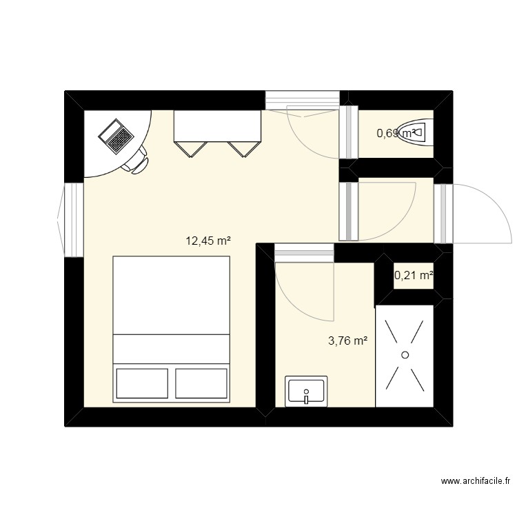 chambre rez de chaussé. Plan de 4 pièces et 17 m2
