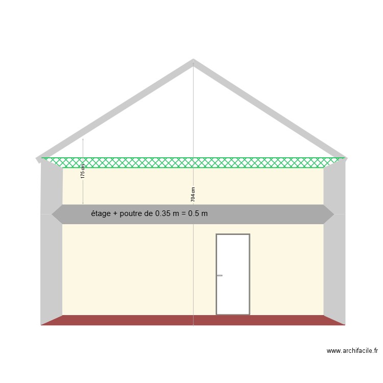 Hauteur plancher étage et poutre médiane. Plan de 2 pièces et 24 m2