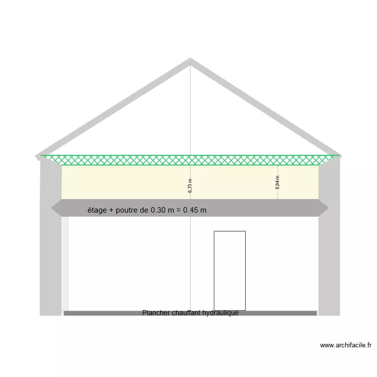 Hauteur plancher &eacute;tage et poutre m&eacute;diane. Plan de 