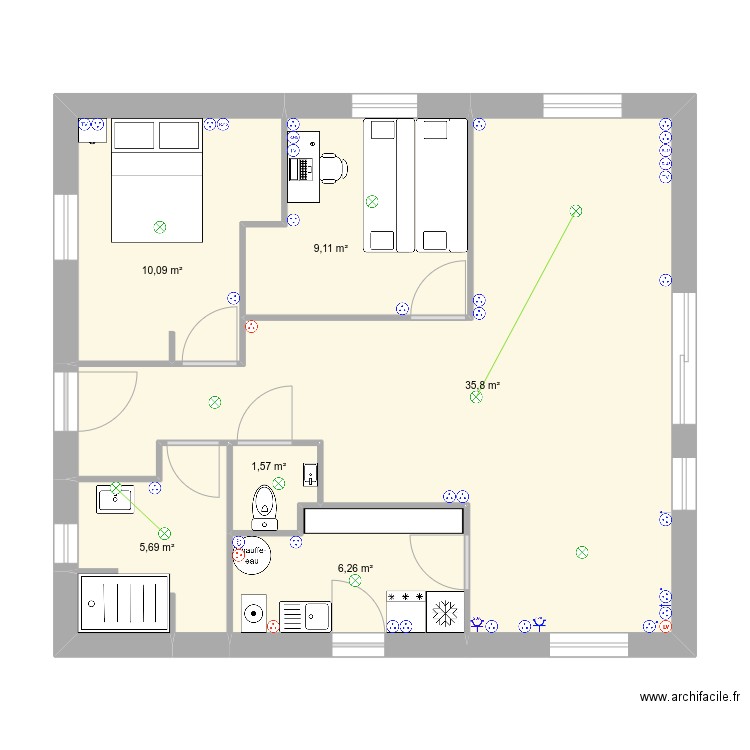 Isa68m.v1. Plan de 6 pièces et 69 m2