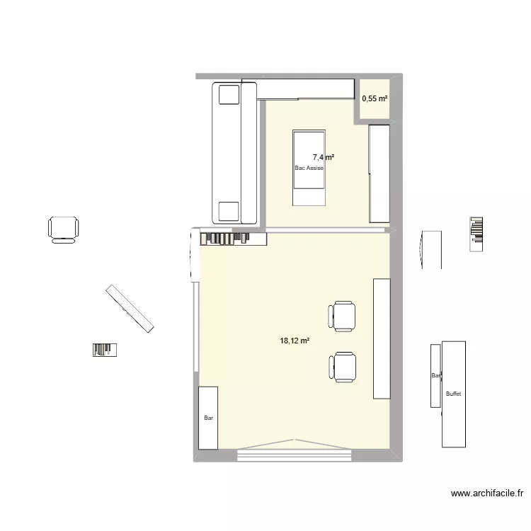 Salon et agrendissement. Plan de 3  et 26 m²