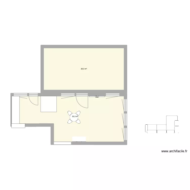 salon s&eacute;jour cuisine projet v&eacute;randa. Plan de 2  et 60 m²