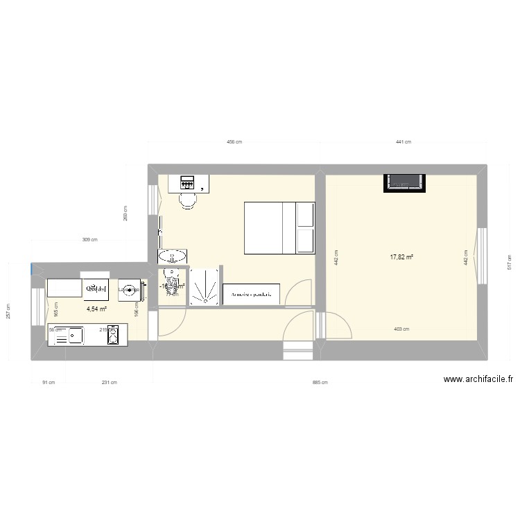 max 1er temps. Plan de 3 pièces et 23 m2