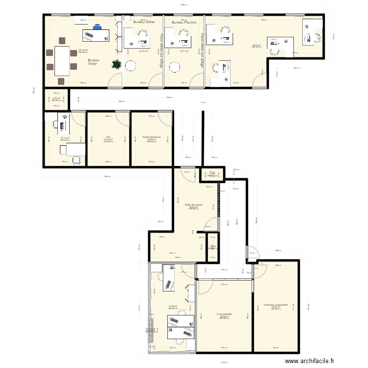 Aménagement bureau 2°-01.2024. Plan de 15 pièces et 190 m2