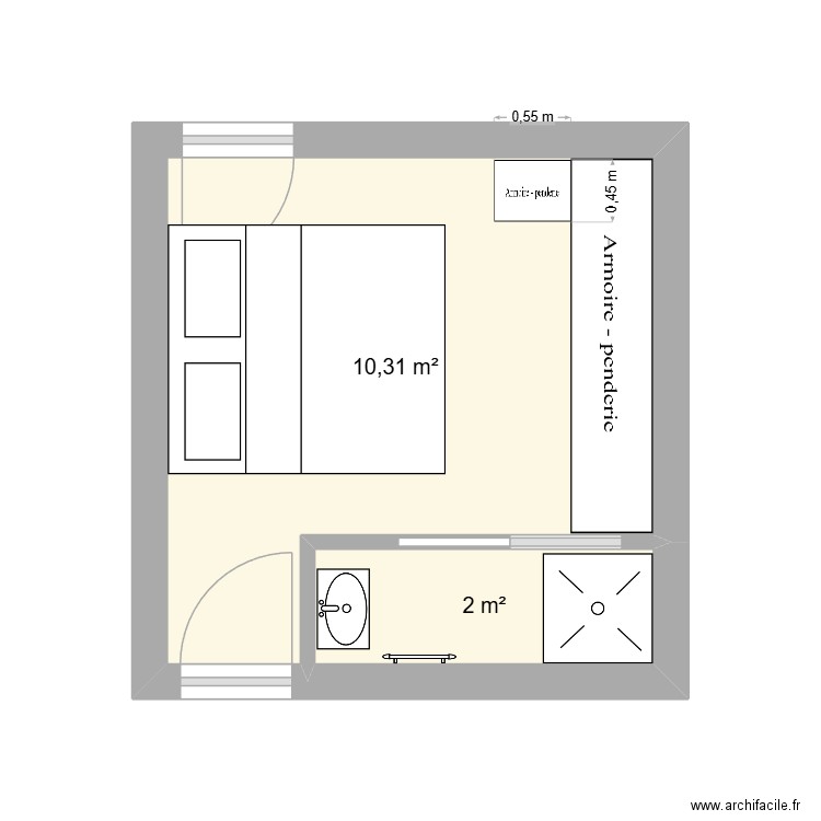 chambre 1A. Plan de 2 pièces et 12 m2