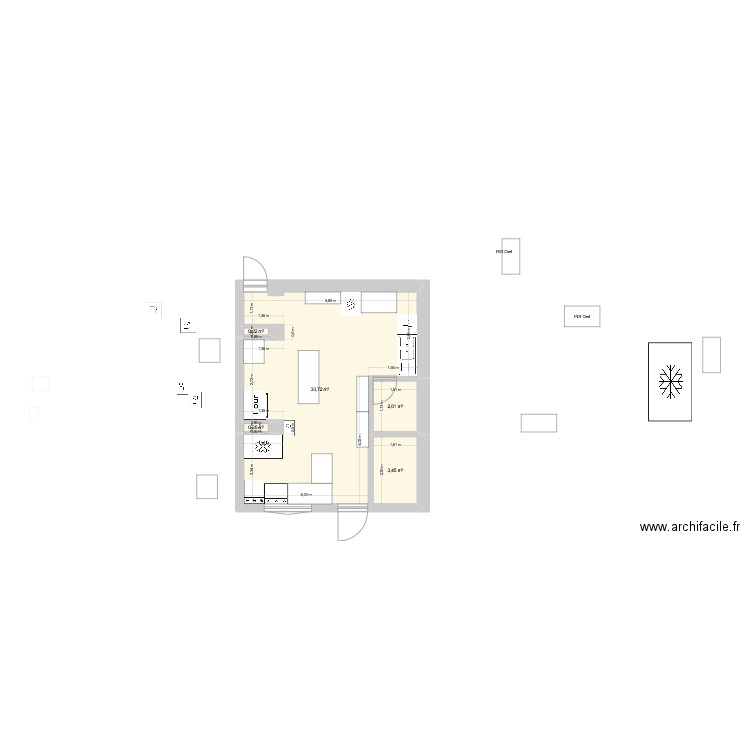 Cuisine test. Plan de 5 pièces et 40 m2