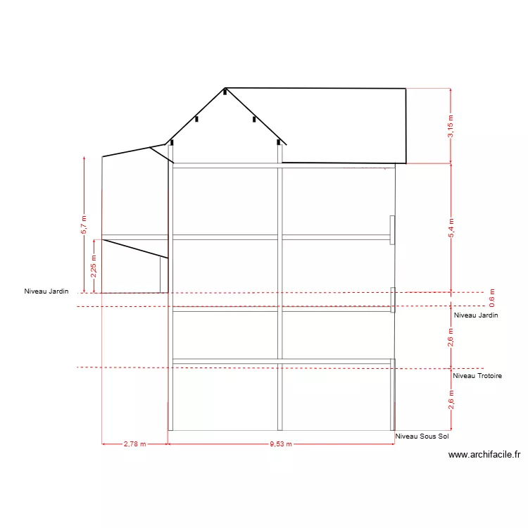 GUILLE- CONSTANTY  PLAN DE COUPE COTE JARDIN. Plan de 