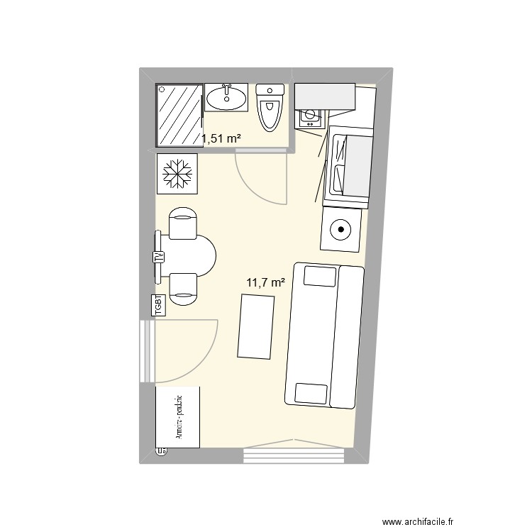 Studette parisienne version 2. Plan de 2 pièces et 13 m2
