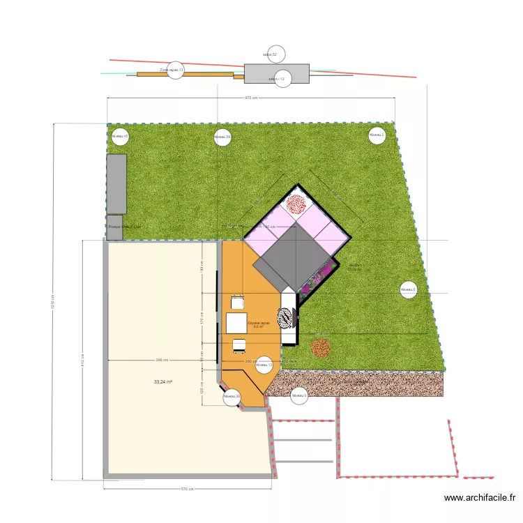 salon 4 places dans fosse de 26 cm d&eacute;calage,niveau v1. Plan de 