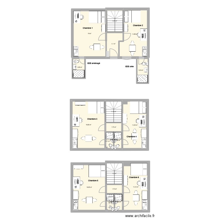 Placo. Plan de 18 pièces et 134 m2