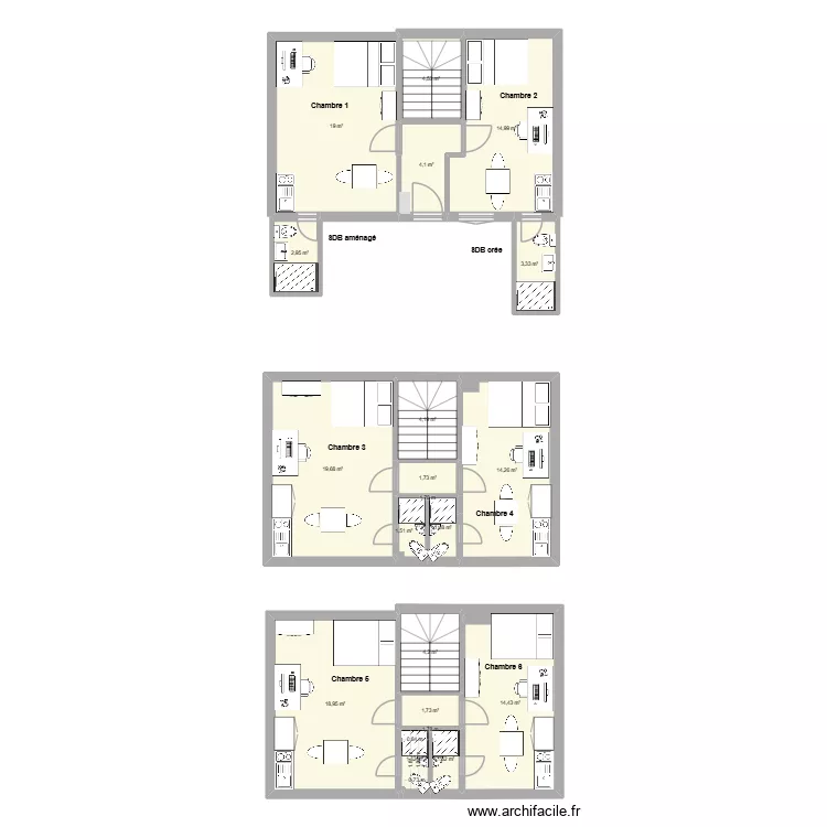 Placo. Plan de 18 pièces et 134 m²