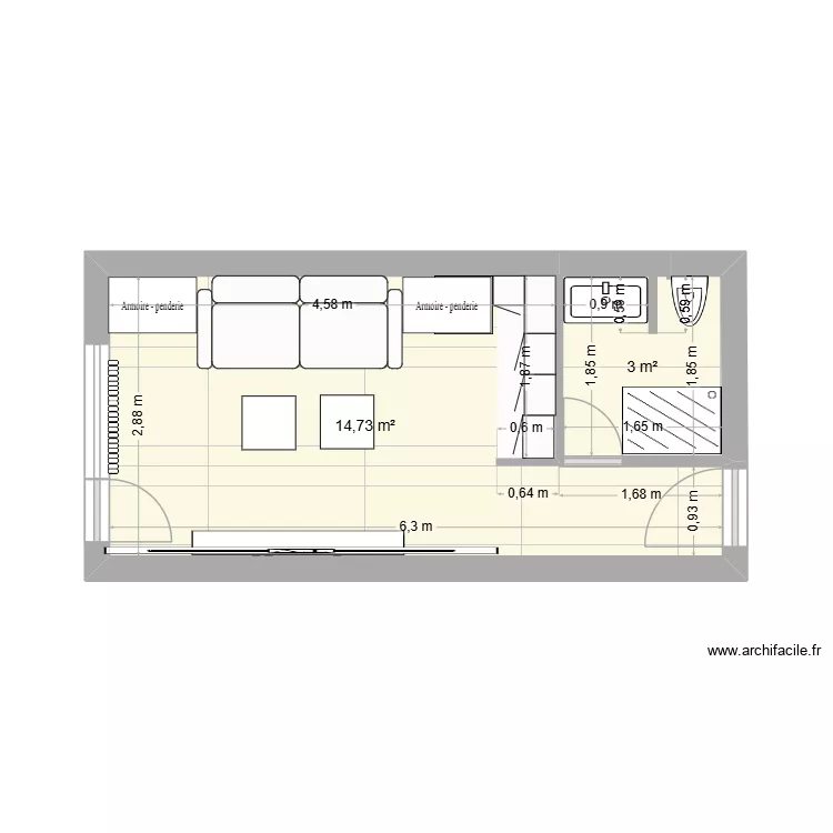Studio 5 ieme &eacute;tage 2. Plan de 2 Pièces et 18 m²