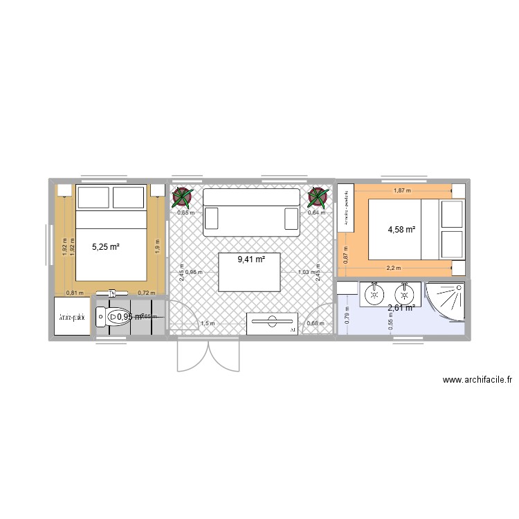 mobil home 2. Plan de 5 pièces et 23 m2
