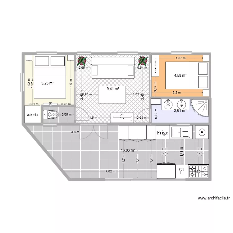 mobil home 2. Plan de 6  et 39 m²