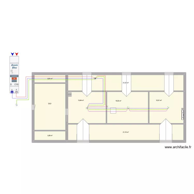 Eclairage: Circuit n&deg;13 (Combles perdus [SA]). Plan de 8  et 107 m²