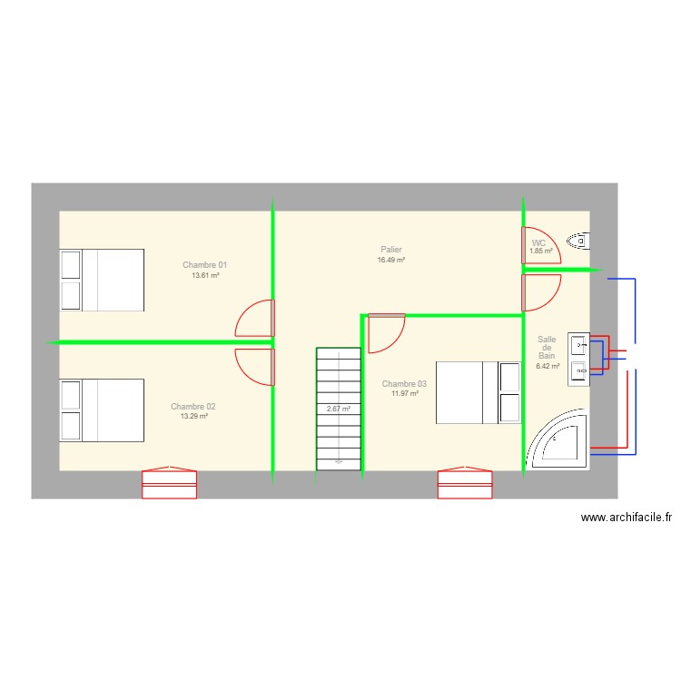 LEPAUVRE Pierre Maison Parigné Plombrie 1er étage. Plan de 7 pièces et 66 m2