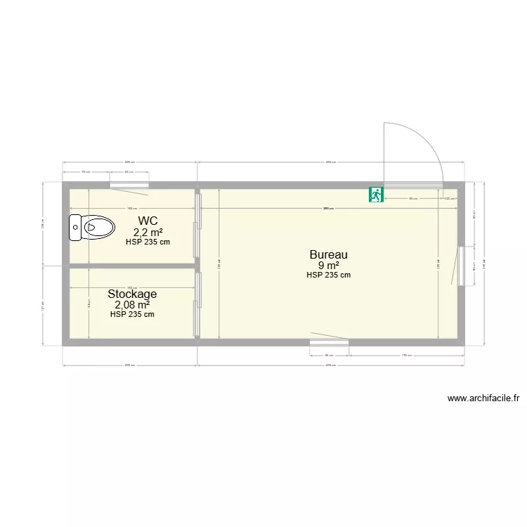 Bureau avec WC - 14m&sup2;. Plan de 