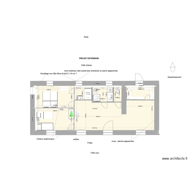 Extension, le Haras. Plan de 2 pièces et 78 m2