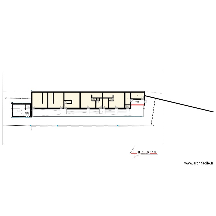 Vestiaire de foot. Plan de 13 pièces et 211 m2