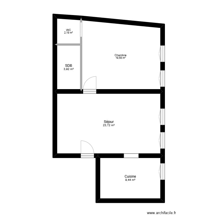 Logement RDC. Plan de 5 pièces et 59 m2