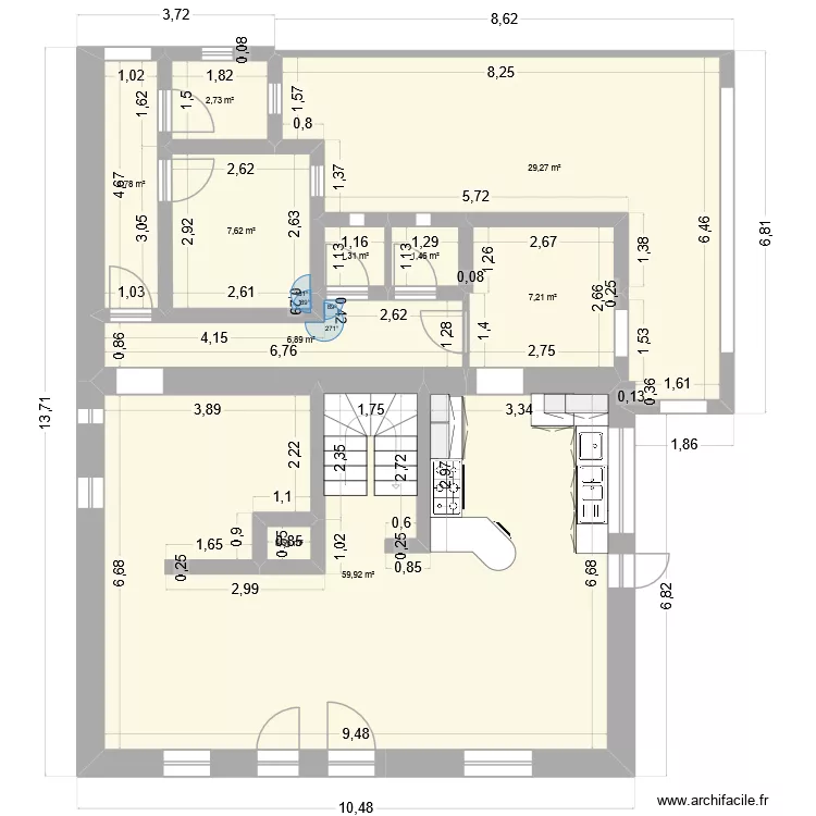 B&eacute;zi-maisonetgrange-RDC-actuel. Plan de 10  et 122 m²