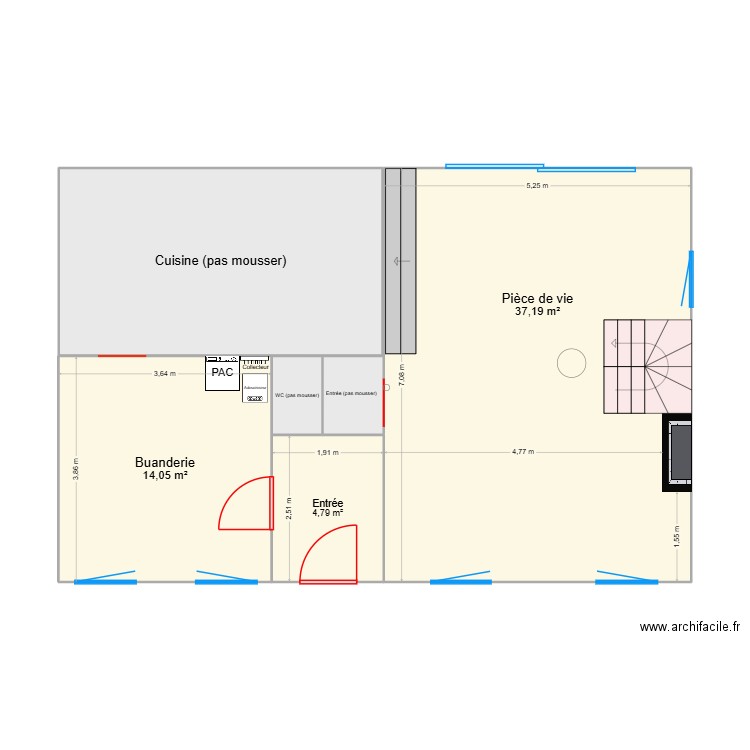 Rez-de-chaussée. Plan de 6 pièces et 76 m2
