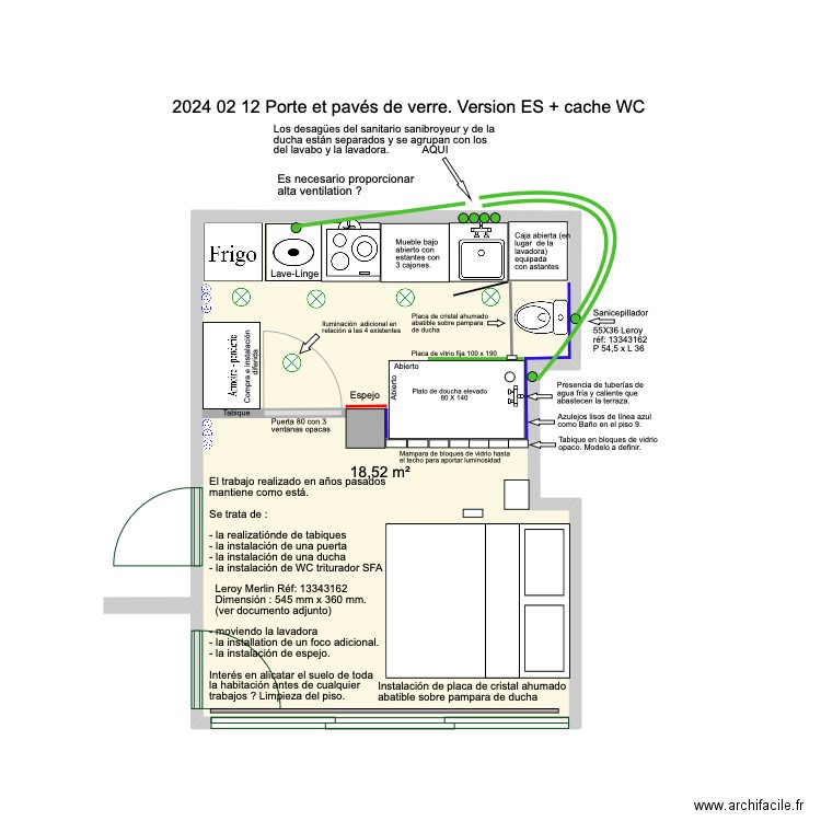 2024 02 12 avec porte et bloc de verre Version ES +Cache wc. Plan de 0 pièce et 0 m2