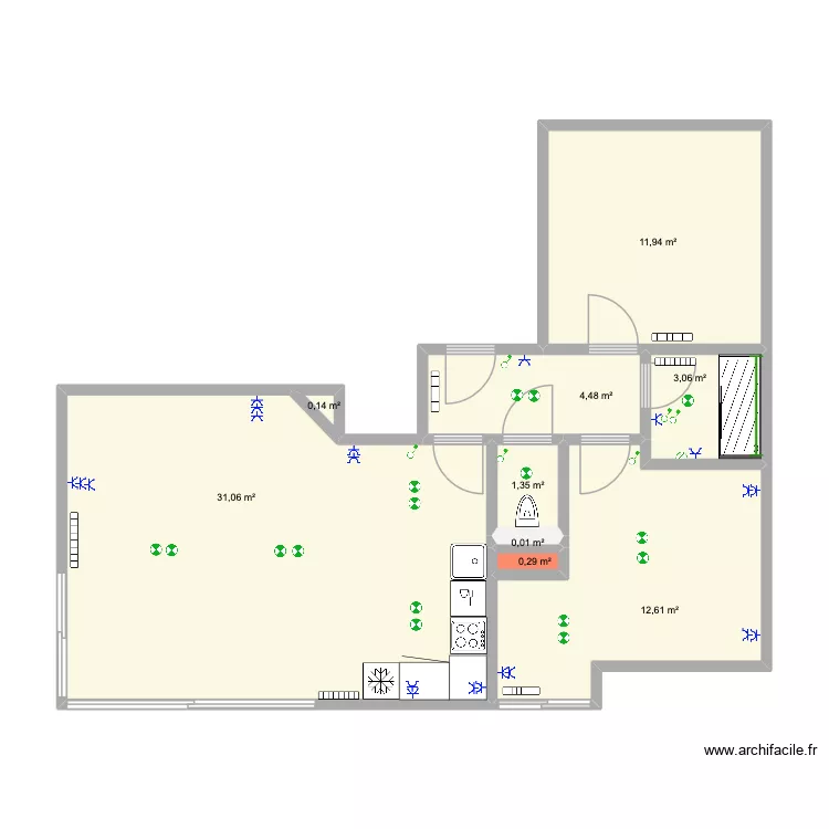 Sombre. Plan de 9 pièces et 65 m²