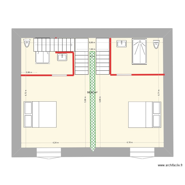 Plan étage avec deux escaliers 3. Plan de 1 pièce et 57 m2