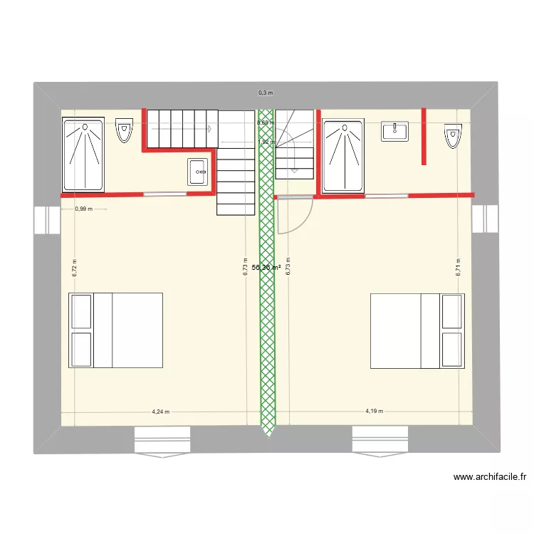 Plan &eacute;tage avec deux escaliers 3. Plan de 1  et 56 m²
