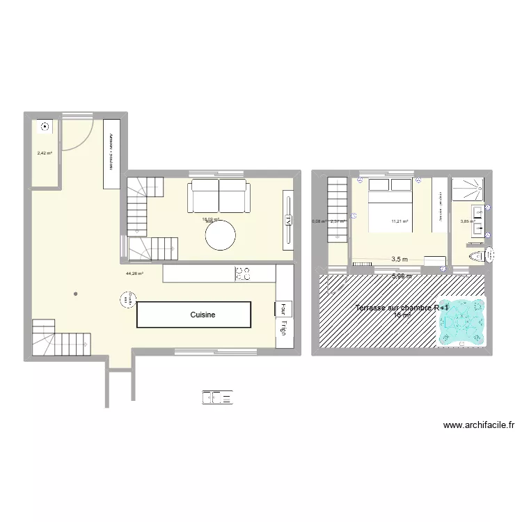 Entr&eacute;e buanderie cuisine V2 ter. Plan de 8  et 98 m²