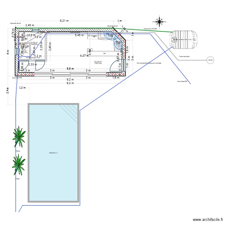 Réseau d'eau. Plan de 3 pièces et 28 m2